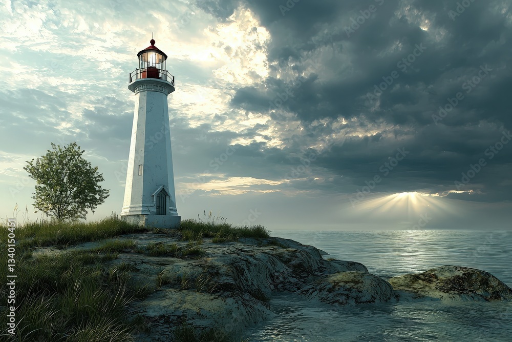 A lighthouse towers over a rocky coastline, surrounded by grass and a solitary tree. Dark clouds linger above as sunlight breaks through, illuminating the silver ocean water.