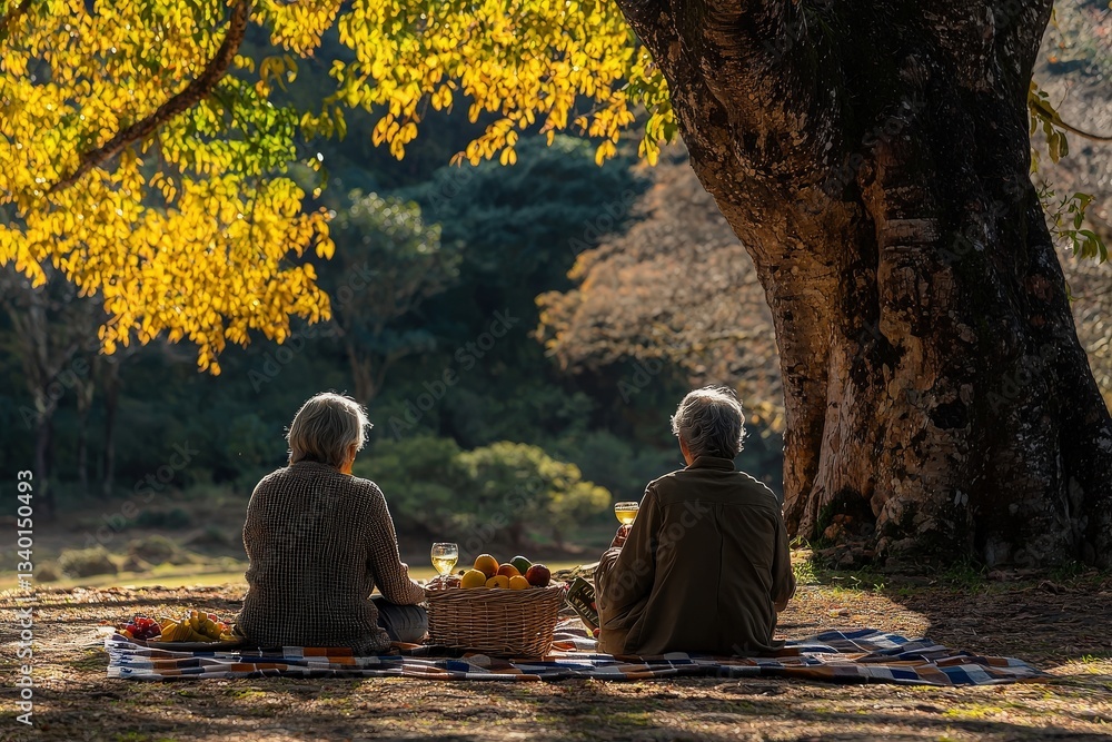 Two elderly individuals sit on a blanket beneath a large tree, sharing a picnic. The warm sunlight filters through golden leaves, creating a serene and peaceful atmosphere in the background.