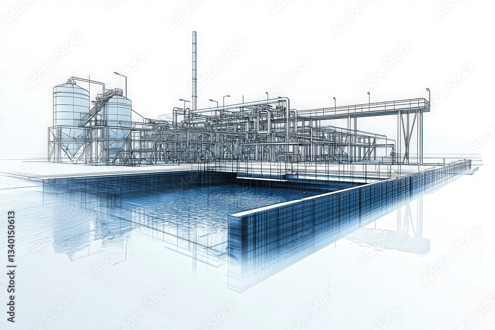 A detailed wireframe outline of an industrial plant featuring silo tanks and pipelines next to a large body of water during the early morning hours. The design showcases an expansive layout.