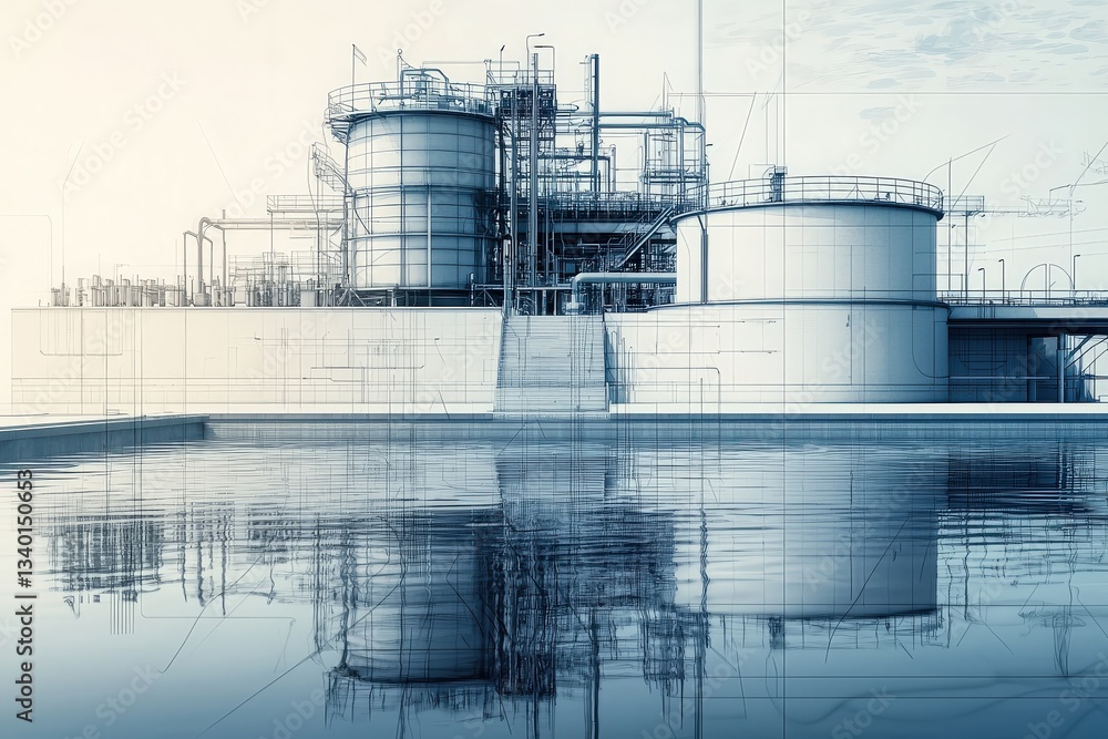 This setting features an industrial facility with large storage tanks and intricate piping systems. The water reflects the structure, showcasing a blend of technology and nature at dusk.