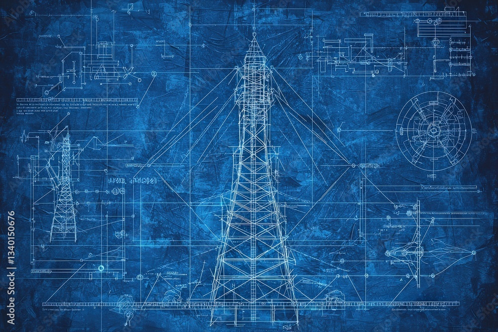 Detailed schematic illustrating the design of a tower with measurements, technical annotations, and construction elements. The design is presented on a textured blue background.