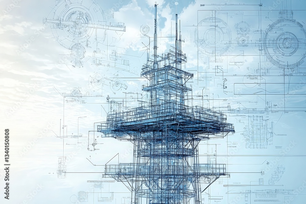 A detailed blueprint design showcases a telecommunications tower against a background of cloudy skies. The intricate lines depict the structures engineering and design elements.