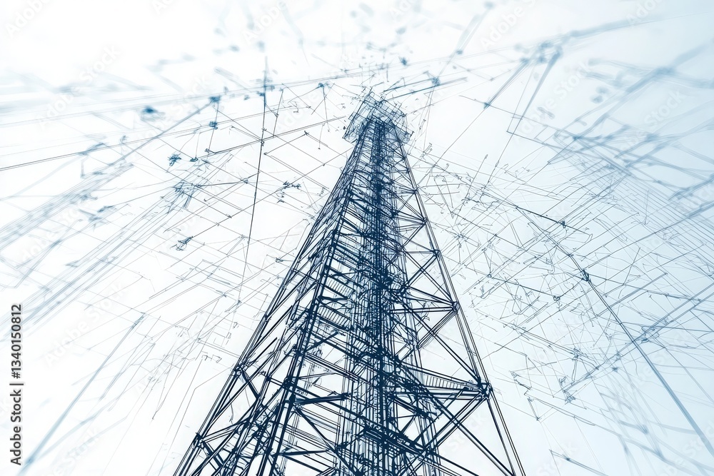 A tall communication tower rises prominently, featuring an intricate design of wires and connections. The structure is set against a light, almost ethereal background that emphasizes its details.