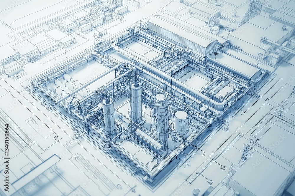 Complex engineering layout reveals multiple sections of an industrial facility, highlighting pipes, tanks, and structural details.