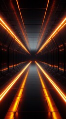 Aufkleber - Futuristic corridor with glowing orange neon lights, symmetrical perspective. Sci-fi concept