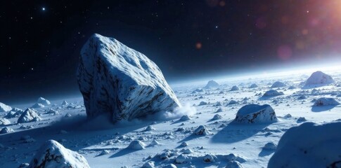 snowy asteroid in the vast emptiness of space, celestial body, asteroid