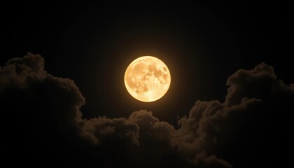 Wall Mural - Bright full moon shining through fluffy clouds in a dark night sky, night sky, peaceful