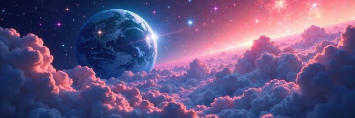 ethereal planet with iridescent clouds and shimmering stardust, swirling, abstract