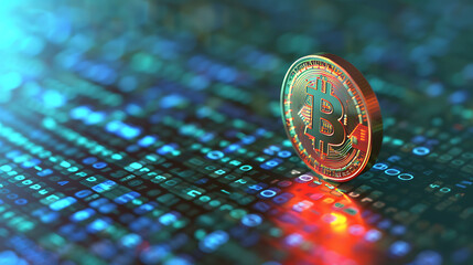 A digital representation of a cryptocurrency coin resting on an abstract blue and orange digital background with code-like patterns.

