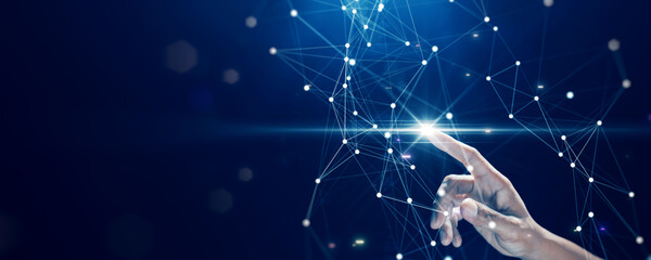 Leinwandbilder - A human hand interacts with a glowing digital network, symbolizing technology, innovation, and data connectivity.