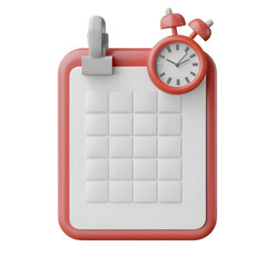 Leinwandbilder - A simple and modern 3D rendering of a red calendar grid with a small clock icon representing event planning and time management efficiency