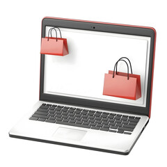 Aufkleber - A modern and visually appealing 3D laptop mockup showcasing red shopping bags on a transparent background representing the digital marketplace and e commerce experiences