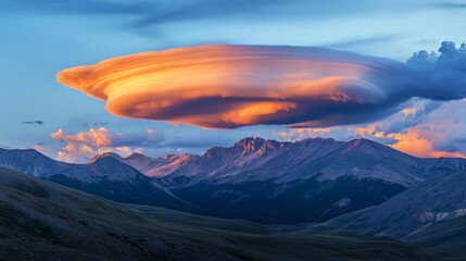 Wall Mural - Orange lenticular cloud over mountains at sunset, dramatic sky spectacle
