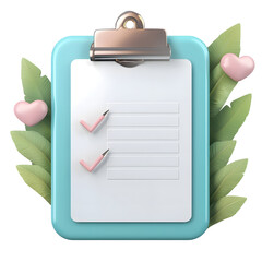 Aufkleber - A glossy crystalline 3D of a teal clipboard with a white checklist accented by green leaves and pink heart shapes symbolizing organization and efficiency in the workplace