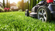 © INT888 - close up of vibrant green grass freshly mowed, showcasing lawnmower in action