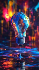Poster - Colorful light bulb with paint reflections in water, abstract art concept
