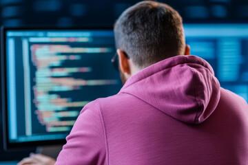 person coding on computer screen with colorful text