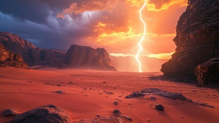 Wall Mural - Lightning bolt over desert canyon at sunset with dramatic sky. Natural phenomenon