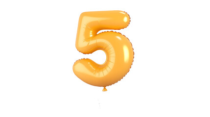 Fototapete - 3D rendering of a shiny metallic gold number 5 foil balloon levitating with a soft shadow effect on a transparent background