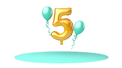Poster - A detailed three dimensional golden foil balloon shaped as the number 5 floating in an isolated minimalist and transparent space with soft shadows and light reflections