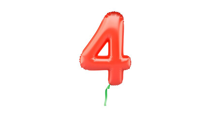 Leinwandbilder - A vibrant red foil balloon shaped like the number 4 with a reflective metallic surface and a 3D effect  The balloon is floating freely against a clean white background
