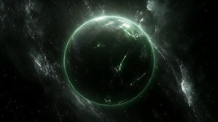 a glowing green planet amidst a dark and star filled space scene