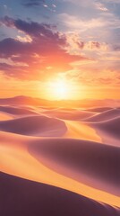 Wall Mural - Golden sand dunes under dramatic sunset sky, serene desert landscape. Nature beauty concept