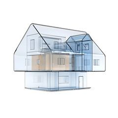 Aufkleber - A sleek and translucent 3D render of a futuristic blue crystal house building icon featuring a contemporary glass morphism design aesthetic with a clean minimalist and innovative architectural style