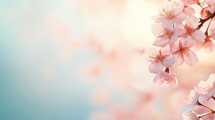 Poster - Macro flowers landscapes concept. Delicate cherry blossoms softly bloom against a tranquil blue background.