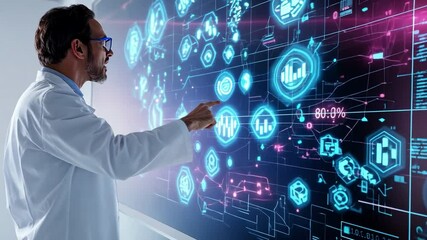 Wall Mural - Innovating Future: A visionary professional, adorned in a pristine white lab coat, engages with a futuristic digital interface, embodying the cutting-edge of technological advancement, innovation.