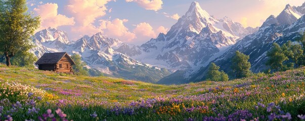 Poster - National park scenic landscapes idea. A serene landscape featuring majestic mountains and vibrant wildflower meadows.