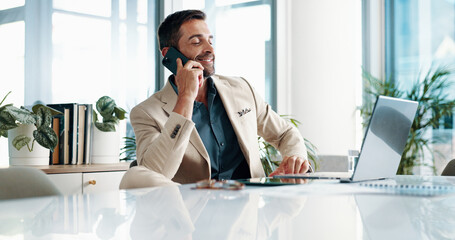 Aufkleber - Phone call, office and business man on laptop for contact, online discussion and communication. Corporate, company consultant and person talking on smartphone for networking on computer for research