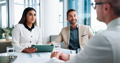 Poster - Corporate, meeting and business people with tablet for project, collaboration and consulting. Office, professional and men and woman on digital tech for online research, proposal review and feedback