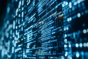 Abstract digital background with glowing blue code, representing data streams, technology, and innovation. Perfect for tech-related projects.