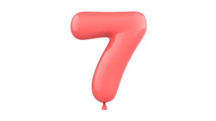 Fototapete - A shiny metallic red foil balloon shaped like the number 7 floating independently against a plain white background with soft highlights and shadows for a 3D effect