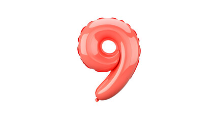 Fototapete - A bright red foil balloon in the shape of the number 9 with a reflective metallic surface floating independently against a clean transparent background