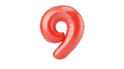 Fototapete - A striking inflatable red foil balloon in the shape of the number 9 featuring a sleek metallic finish and a smooth glossy appearance against a clean white background