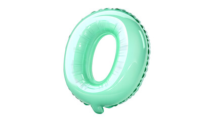 Fototapete - A shiny metallic green foil balloon in the shape of the number 0 floating in a studio environment with soft highlights and shadows creating a 3D effect against a transparent background
