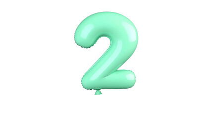 Poster - A 3D rendering of a smooth polished green number 2 foil balloon floating with a soft shadow effect against a transparent background