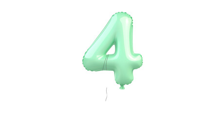 Leinwandbilder - A shiny metallic green foil balloon in the shape of the number 4 floating against a transparent backdrop with soft highlights and shadows for a 3D effect