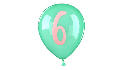 Fototapete - Floating green metallic foil balloon with a smooth reflective surface and a 3D effect depicting the number 6 against a transparent background