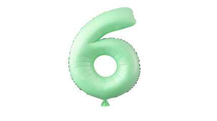 Aufkleber - A floating reflective metallic green balloon in the shape of the number 6 with a smooth glossy surface and a 3D effect against a plain white background