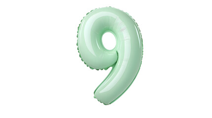 Fototapete - Glossy three dimensional metallic green number 9 foil balloon suspended in a minimalist transparent studio setting with reflections and smooth lighting