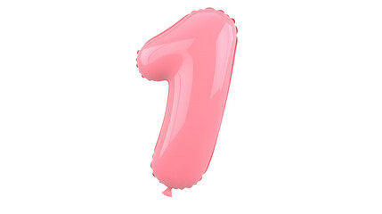 Fototapete - A 3D rendering of a vibrant pink number 1 foil balloon with a polished smooth surface and highlights appearing to float against a transparent background