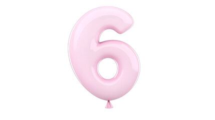 Fototapete - A 3D rendering of a smooth shiny pink number 6 foil balloon with a soft shadow effect floating elegantly against a transparent background