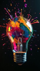 Poster - Colorful splash on light bulb against dark background. Creativity and innovation concept
