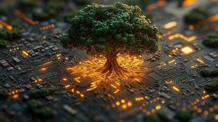 Poster - Majestic tree glowing on a circuit board, symbolizing nature and technology fusion
