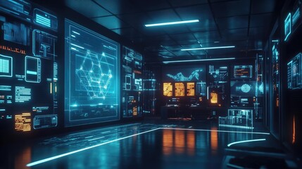Futuristic Digital Control Room with Glowing Blue and Orange Interfaces