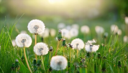 white dandelion blowballs (taraxacum dissectum) on green summer meadow, beauty in nature soft focus 
