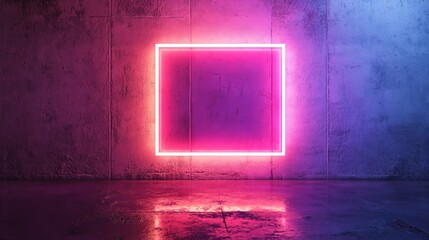 Aufkleber - Neon pink and blue square light on concrete wall in dark room, modern art design